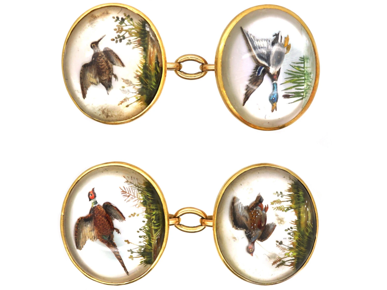 Edwardian 18ct Gold Reverse Intaglio Rock Crystal Game Bird Cufflinks 3 Edwardian 18ct Gold Reverse Intaglio Rock Crystal Game Bird Cufflinks