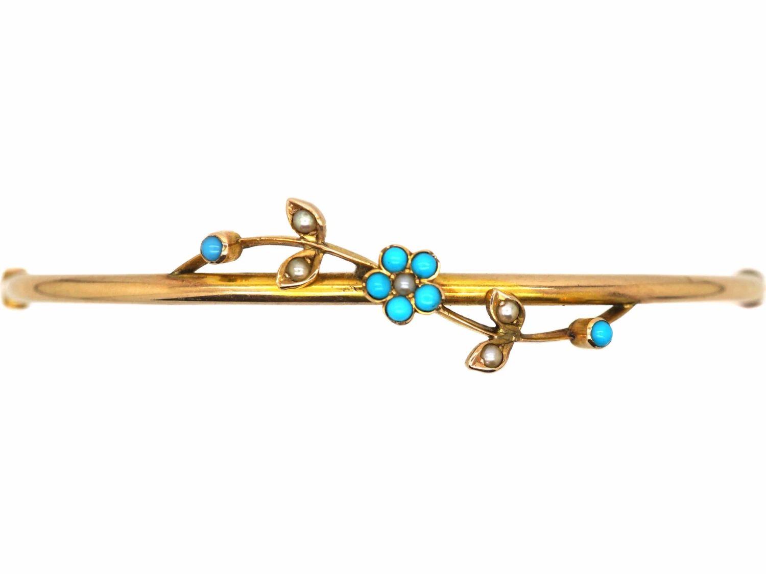 Edwardian 10ct Gold Bangle With Forget Me Not Flower Set With Turquoise & Natural Split Pearls 3 Edwardian 10ct Gold Bangle With Forget Me Not Flower Set With Turquoise & Natural Split Pearls