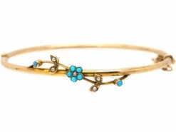 Edwardian 10ct Gold Bangle With Forget Me Not Flower Set With Turquoise & Natural Split Pearls 7 Edwardian 10ct Gold Bangle With Forget Me Not Flower Set With Turquoise & Natural Split Pearls -Antique Jewellery Company DSC05936 scaled 1
