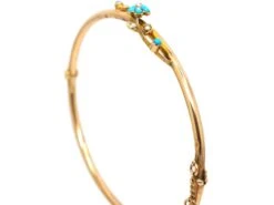 Edwardian 10ct Gold Bangle With Forget Me Not Flower Set With Turquoise & Natural Split Pearls 6 Edwardian 10ct Gold Bangle With Forget Me Not Flower Set With Turquoise & Natural Split Pearls -Antique Jewellery Company DSC05946 scaled 1