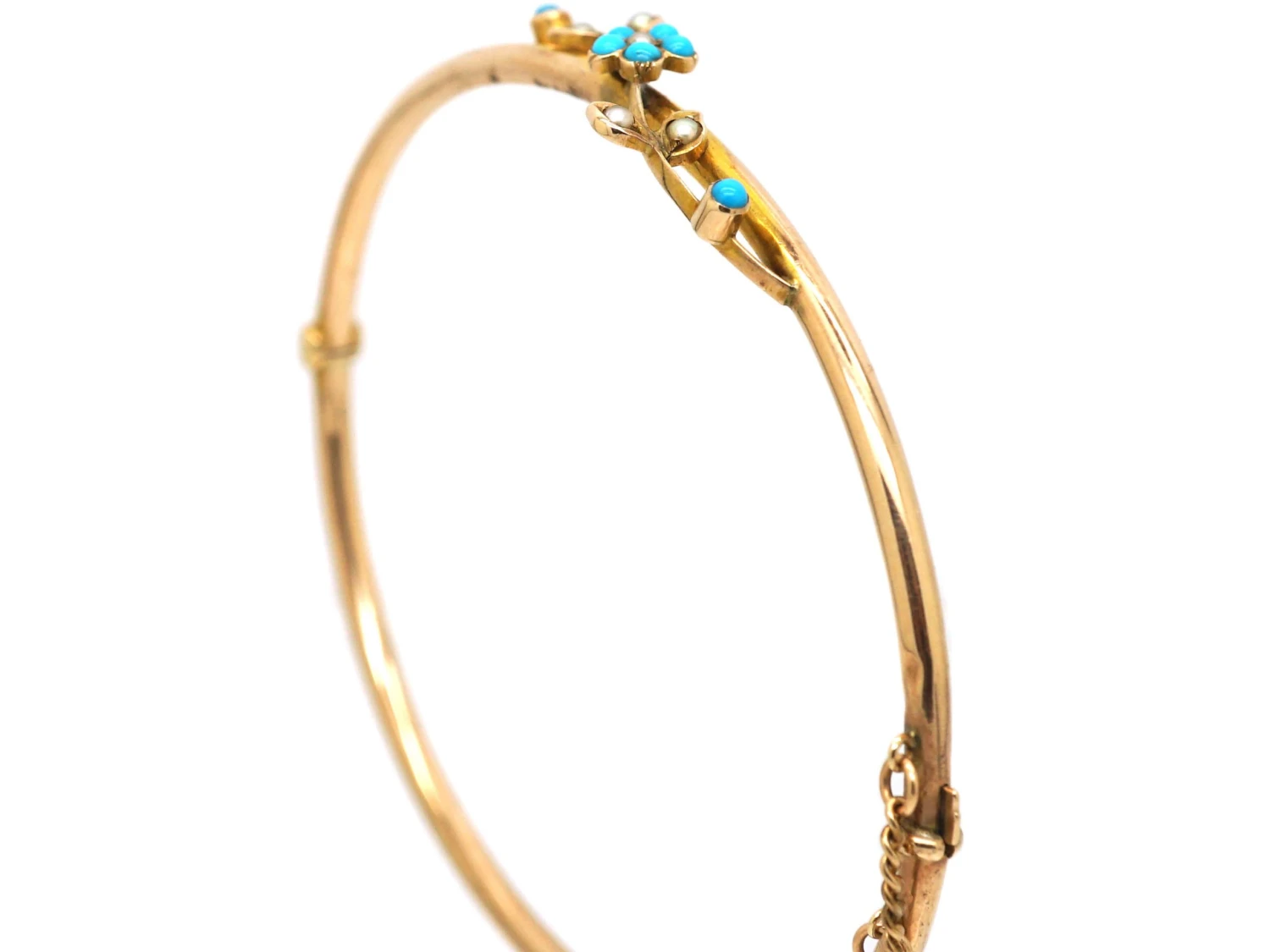 Edwardian 10ct Gold Bangle With Forget Me Not Flower Set With Turquoise & Natural Split Pearls 4 Edwardian 10ct Gold Bangle With Forget Me Not Flower Set With Turquoise & Natural Split Pearls - Image 2