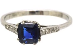 Art Deco Platinum Ring Set With A Square Sapphire With Diamond Set Shoulders -Antique Jewellery Company DSC05976 scaled 1