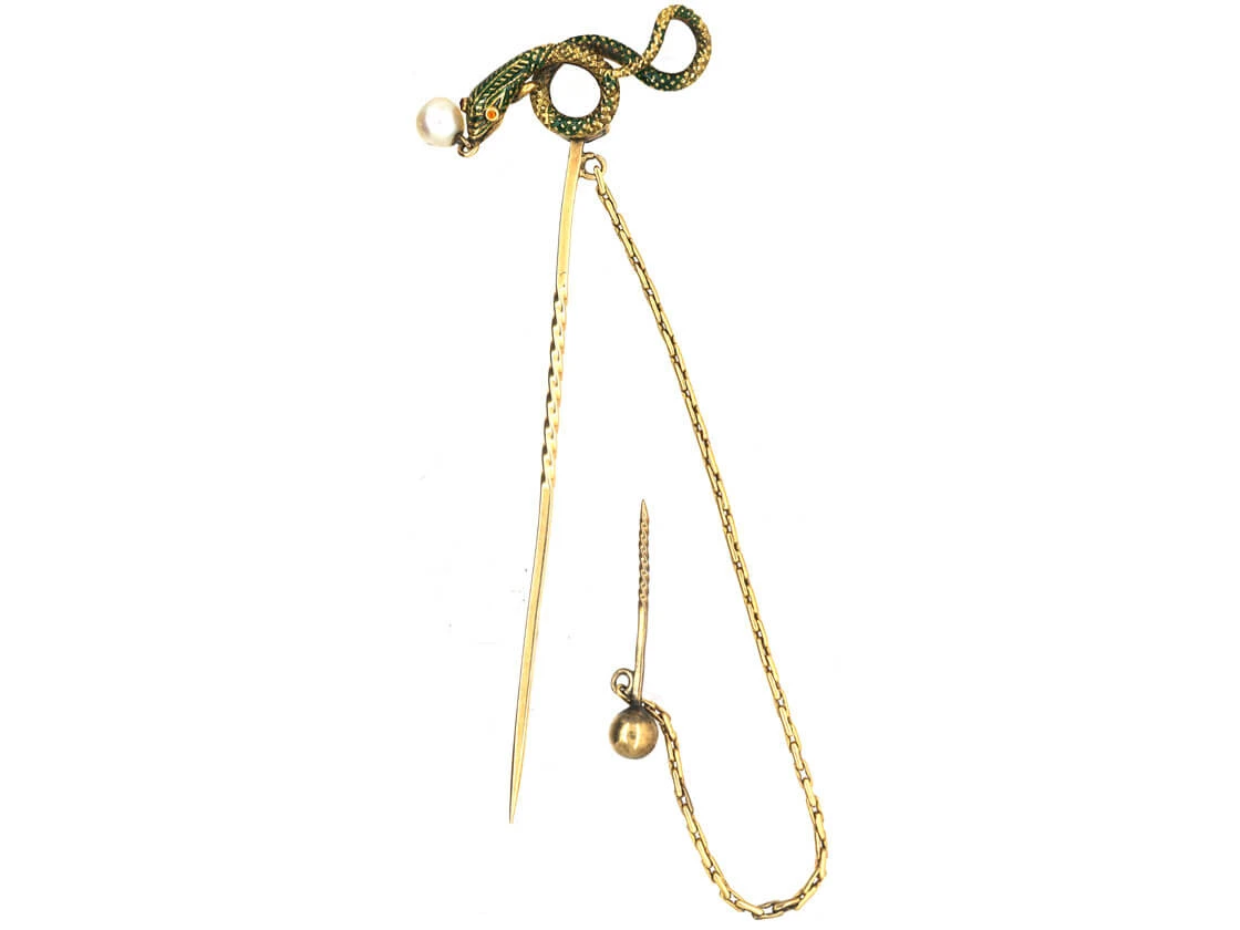 Georgian 18ct Gold & Green Enamel Snake Tie Pin With Natural Pearl Drop 4 Georgian 18ct Gold & Green Enamel Snake Tie Pin With Natural Pearl Drop - Image 2