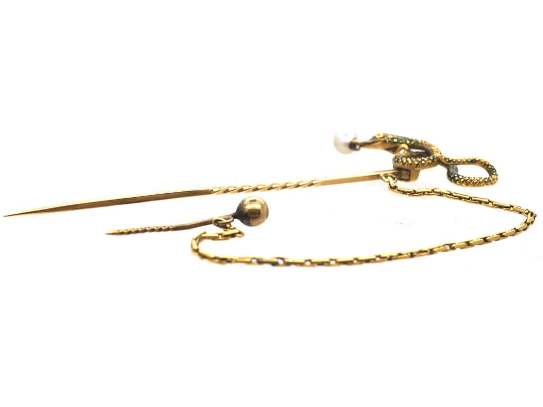 Georgian 18ct Gold & Green Enamel Snake Tie Pin With Natural Pearl Drop 5 Georgian 18ct Gold & Green Enamel Snake Tie Pin With Natural Pearl Drop - Image 3