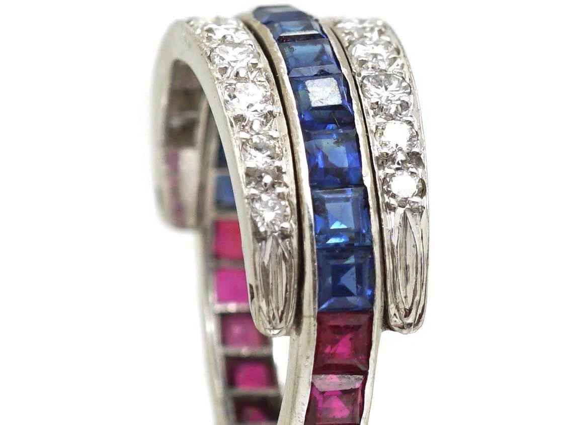 Art Deco 18ct White Gold Flip Over Ring Set With Rubies, Sapphires & Diamonds 8 Art Deco 18ct White Gold Flip Over Ring Set With Rubies, Sapphires & Diamonds - Image 6
