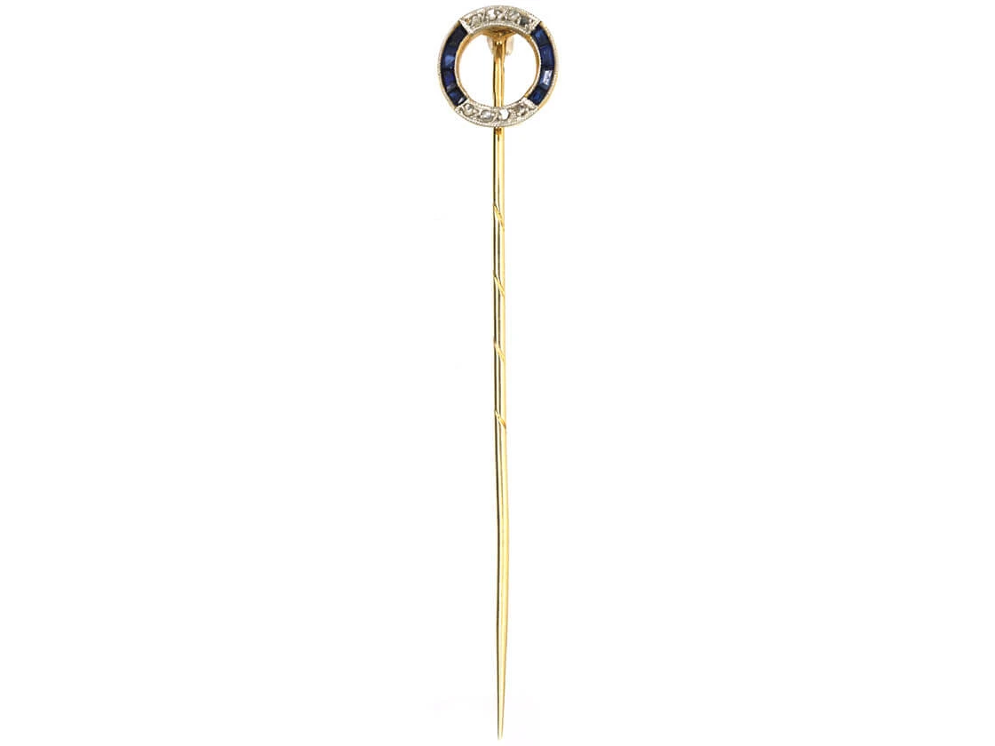 French Art Deco 18ct Gold & Platinum, Sapphire & Rose Diamond Finishing Post Tie Pin 4 French Art Deco 18ct Gold & Platinum, Sapphire & Rose Diamond Finishing Post Tie Pin - Image 2