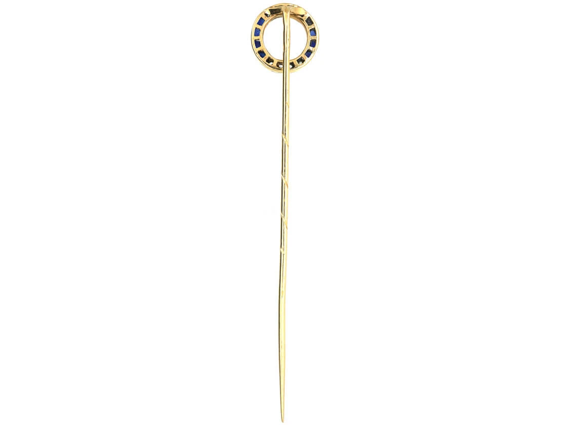 French Art Deco 18ct Gold & Platinum, Sapphire & Rose Diamond Finishing Post Tie Pin 5 French Art Deco 18ct Gold & Platinum, Sapphire & Rose Diamond Finishing Post Tie Pin - Image 3