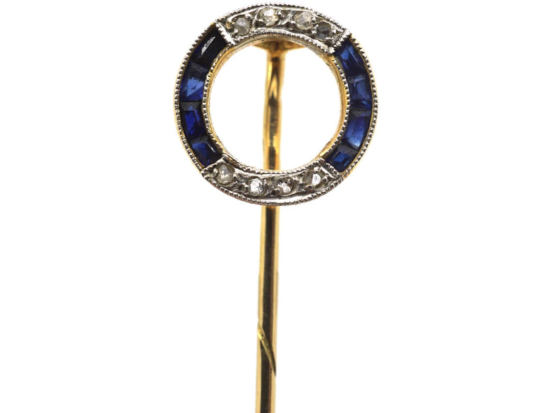 French Art Deco 18ct Gold & Platinum, Sapphire & Rose Diamond Finishing Post Tie Pin 3 French Art Deco 18ct Gold & Platinum, Sapphire & Rose Diamond Finishing Post Tie Pin