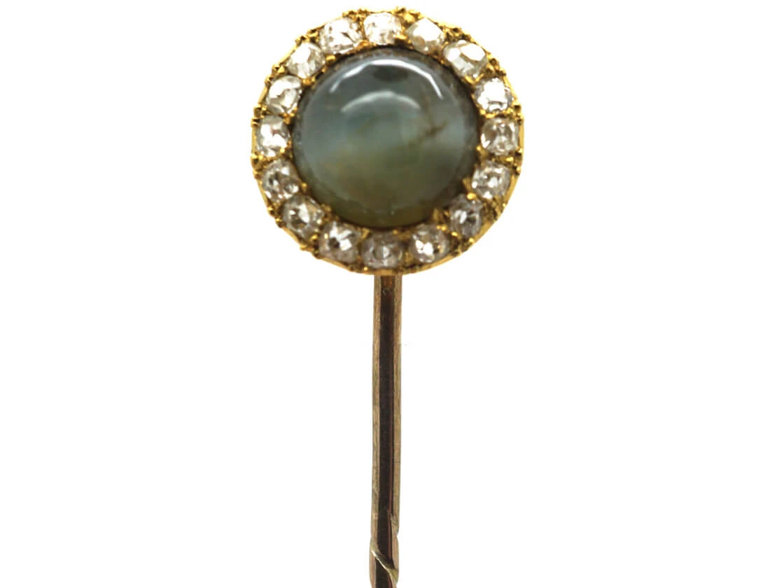 Edwardian 15ct Gold, Cats Eye Chrysoberyl & Diamond Tie Pin 3 Edwardian 15ct Gold, Cats Eye Chrysoberyl & Diamond Tie Pin