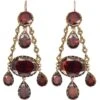 Edwardian 9ct Gold Drop Earrings Set With Flat Cut Garnets & Natural Split Pearls