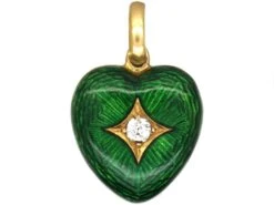 Victorian 18ct Gold Heart Shaped Green Enamel Pendant Set With A Diamond