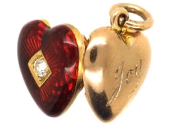 Edwardian 15ct Gold, Strawberry Red Enamel & Diamond Heart Locket -Antique Jewellery Company DSC06119