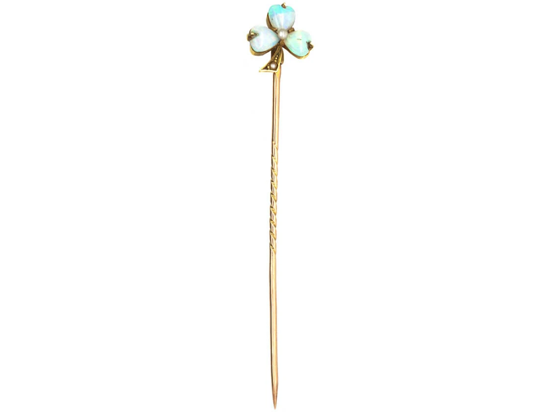 Edwardian 15ct Gold , Opal & Pearl Shamrock Tie Pin 4 Edwardian 15ct Gold , Opal & Pearl Shamrock Tie Pin - Image 2