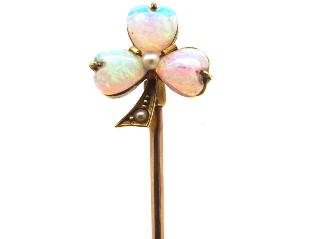 Edwardian 15ct Gold , Opal & Pearl Shamrock Tie Pin 3 Edwardian 15ct Gold , Opal & Pearl Shamrock Tie Pin