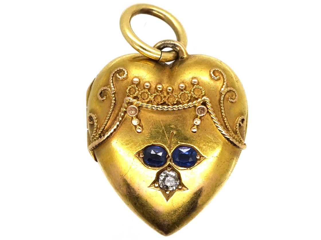Victorian 15ct Gold Heart Shaped Locket Set With Sapphires & A Diamond 3 Victorian 15ct Gold Heart Shaped Locket Set With Sapphires & A Diamond