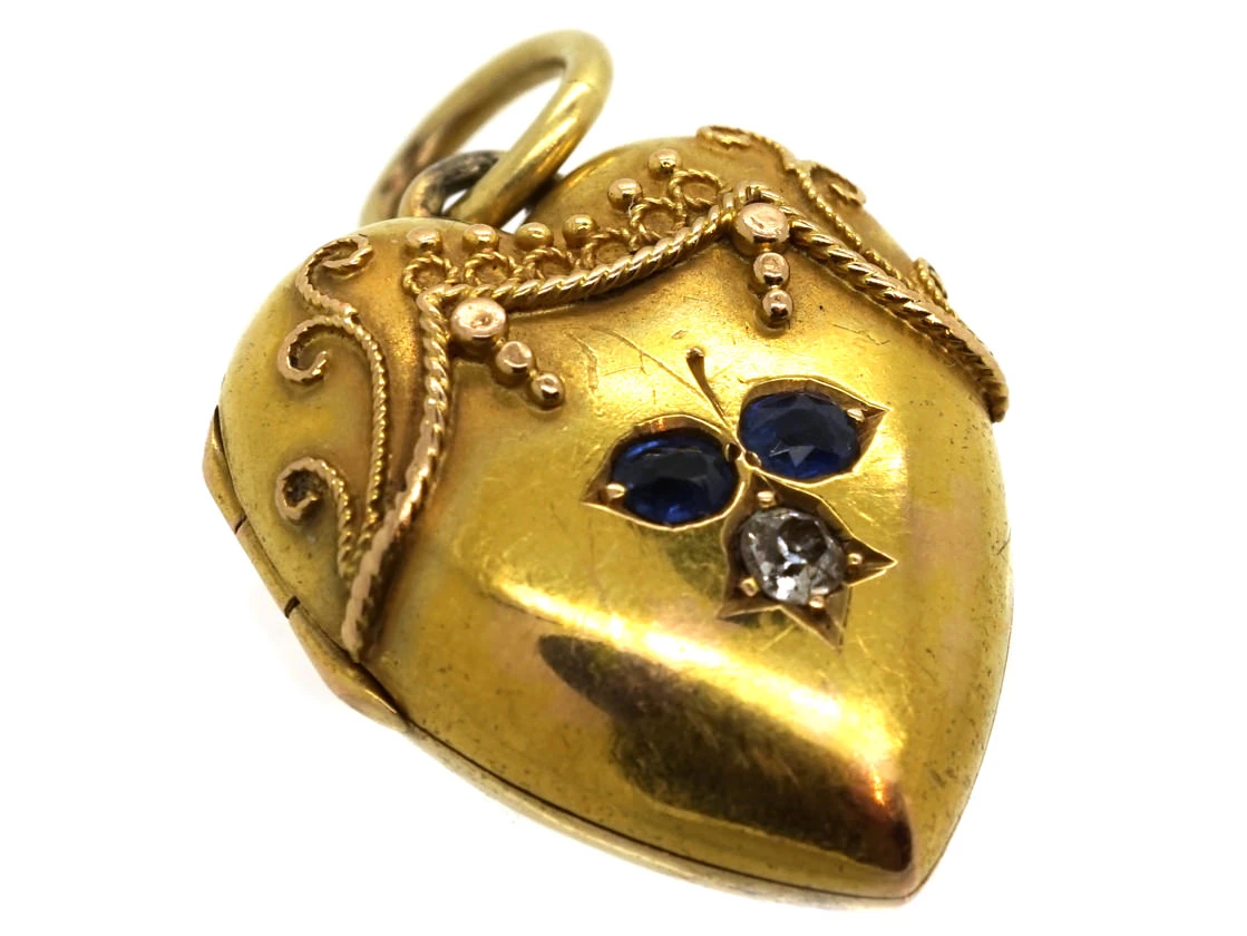 Victorian 15ct Gold Heart Shaped Locket Set With Sapphires & A Diamond 5 Victorian 15ct Gold Heart Shaped Locket Set With Sapphires & A Diamond - Image 3