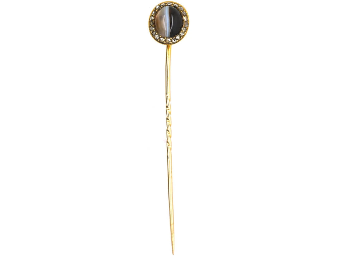Victorian 15ct Gold Oval Tie Pin Set With Onyx & Rose Diamonds 4 Victorian 15ct Gold Oval Tie Pin Set With Onyx & Rose Diamonds - Image 2
