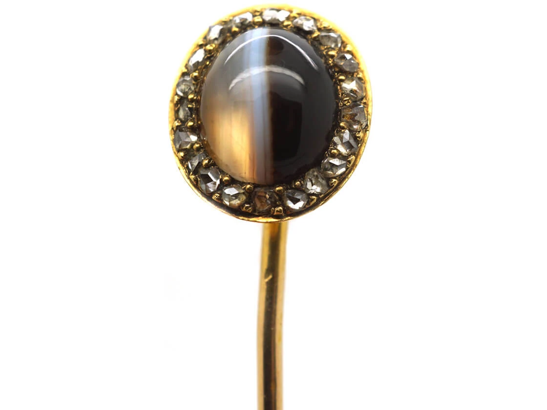 Victorian 15ct Gold Oval Tie Pin Set With Onyx & Rose Diamonds 3 Victorian 15ct Gold Oval Tie Pin Set With Onyx & Rose Diamonds