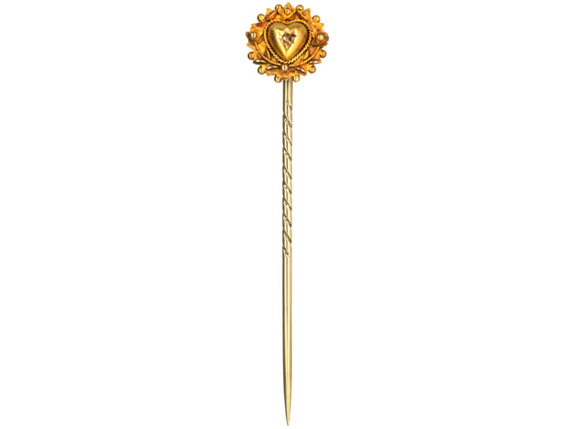 Victorian 15ct Gold Heart & Flowers Tie Pin Set With A Rose Diamond 4 Victorian 15ct Gold Heart & Flowers Tie Pin Set With A Rose Diamond - Image 2