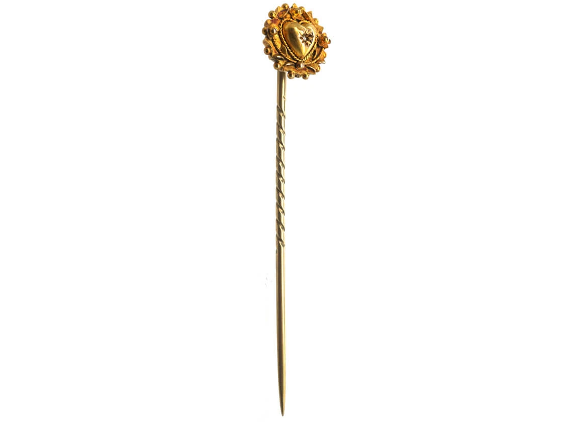 Victorian 15ct Gold Heart & Flowers Tie Pin Set With A Rose Diamond 6 Victorian 15ct Gold Heart & Flowers Tie Pin Set With A Rose Diamond - Image 4