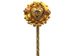 Victorian 15ct Gold Heart & Flowers Tie Pin Set With A Rose Diamond