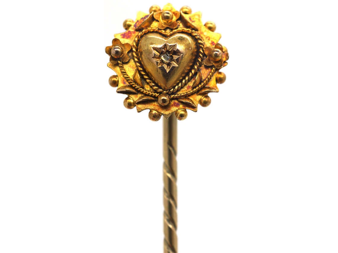Victorian 15ct Gold Heart & Flowers Tie Pin Set With A Rose Diamond 3 Victorian 15ct Gold Heart & Flowers Tie Pin Set With A Rose Diamond