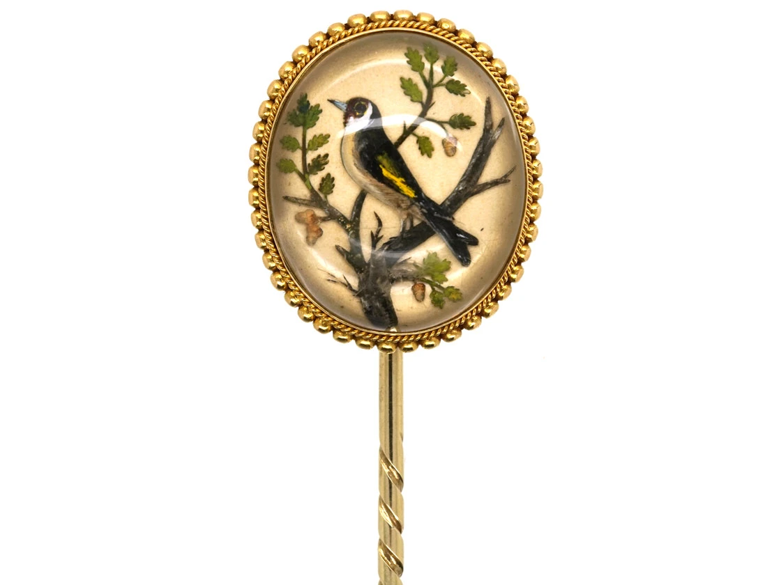 Victorian Reverse Painted & Carved Rock Crystal Tie Pin Of A Goldfinch By Pradier 3 Victorian Reverse Painted & Carved Rock Crystal Tie Pin Of A Goldfinch By Pradier