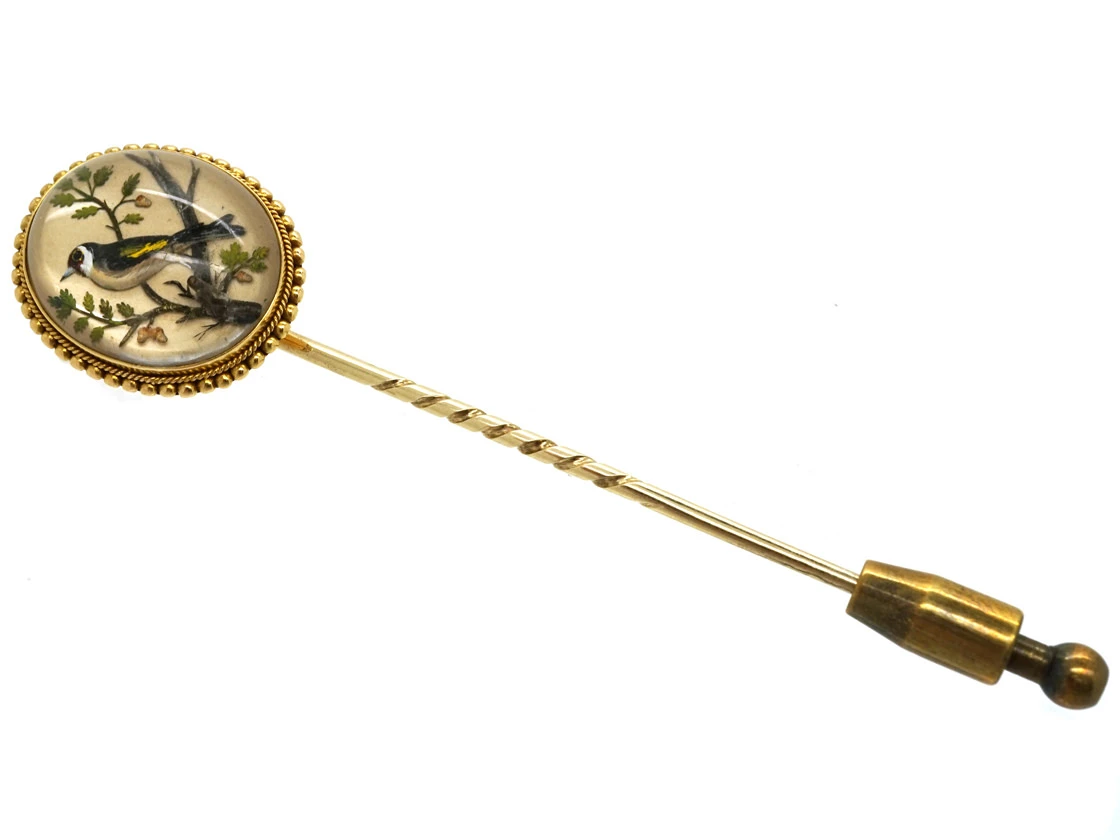Victorian Reverse Painted & Carved Rock Crystal Tie Pin Of A Goldfinch By Pradier 5 Victorian Reverse Painted & Carved Rock Crystal Tie Pin Of A Goldfinch By Pradier - Image 3