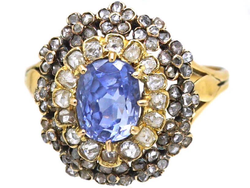 Edwardian 18ct Gold, Sapphire & Diamond Cluster Ring With Tiny Flower Motifs Around The Edge 8 Edwardian 18ct Gold, Sapphire & Diamond Cluster Ring With Tiny Flower Motifs Around The Edge - Image 6