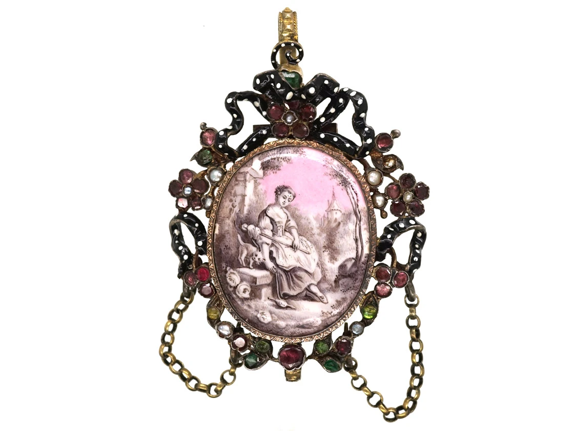 Austro-Hungarian Silver, Emerald, Pearl & Garnet Pendant With Enamelled Miniature 3 Austro-Hungarian Silver, Emerald, Pearl & Garnet Pendant With Enamelled Miniature