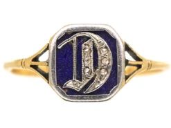 Edwardian 18ct Gold, Platinum, Blue Enamel & Rose Diamond Ring With Initial D