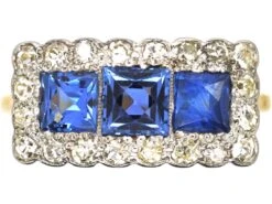Art Deco 18ct & Platinum, Three Stone French Cut Sapphire & Diamond Ring