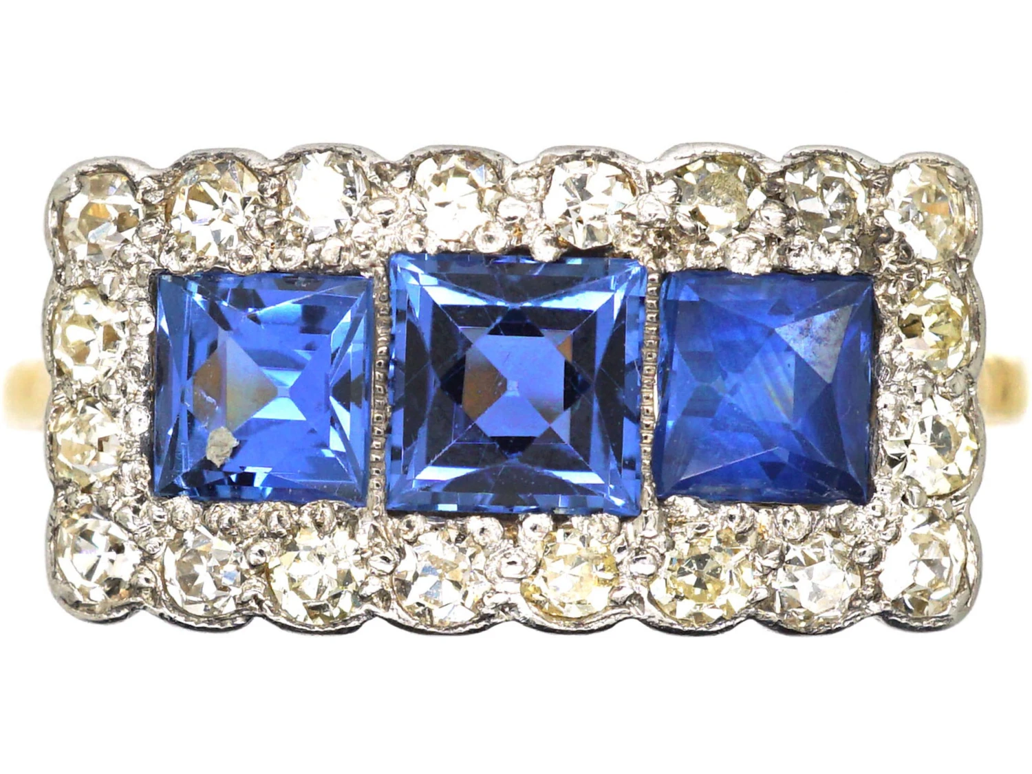 Art Deco 18ct & Platinum, Three Stone French Cut Sapphire & Diamond Ring 3 Art Deco 18ct & Platinum, Three Stone French Cut Sapphire & Diamond Ring
