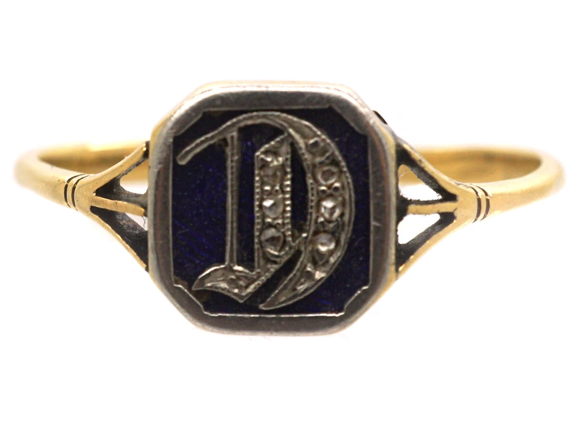 Edwardian 18ct Gold, Platinum, Blue Enamel & Rose Diamond Ring With Initial D 7 Edwardian 18ct Gold, Platinum, Blue Enamel & Rose Diamond Ring With Initial D - Image 5