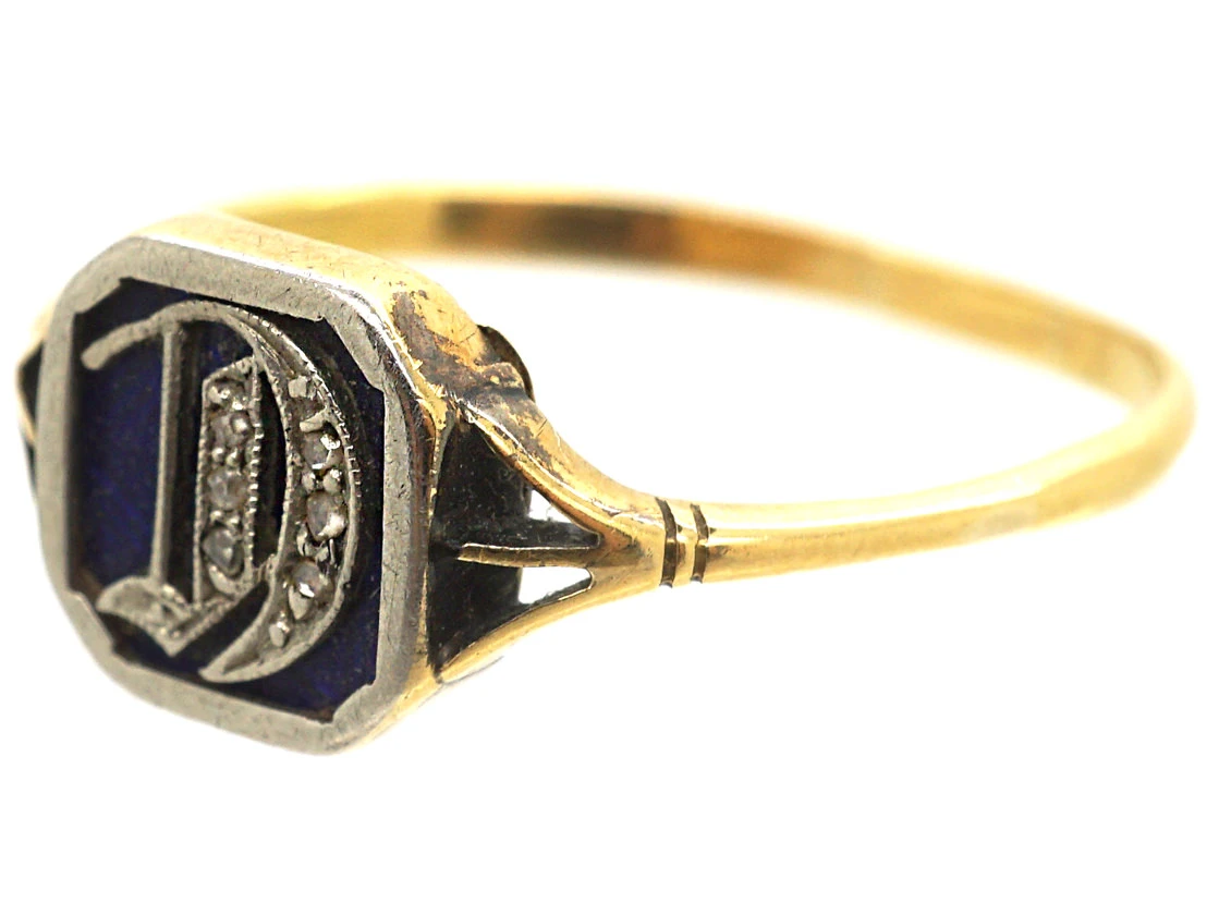 Edwardian 18ct Gold, Platinum, Blue Enamel & Rose Diamond Ring With Initial D 9 Edwardian 18ct Gold, Platinum, Blue Enamel & Rose Diamond Ring With Initial D - Image 7
