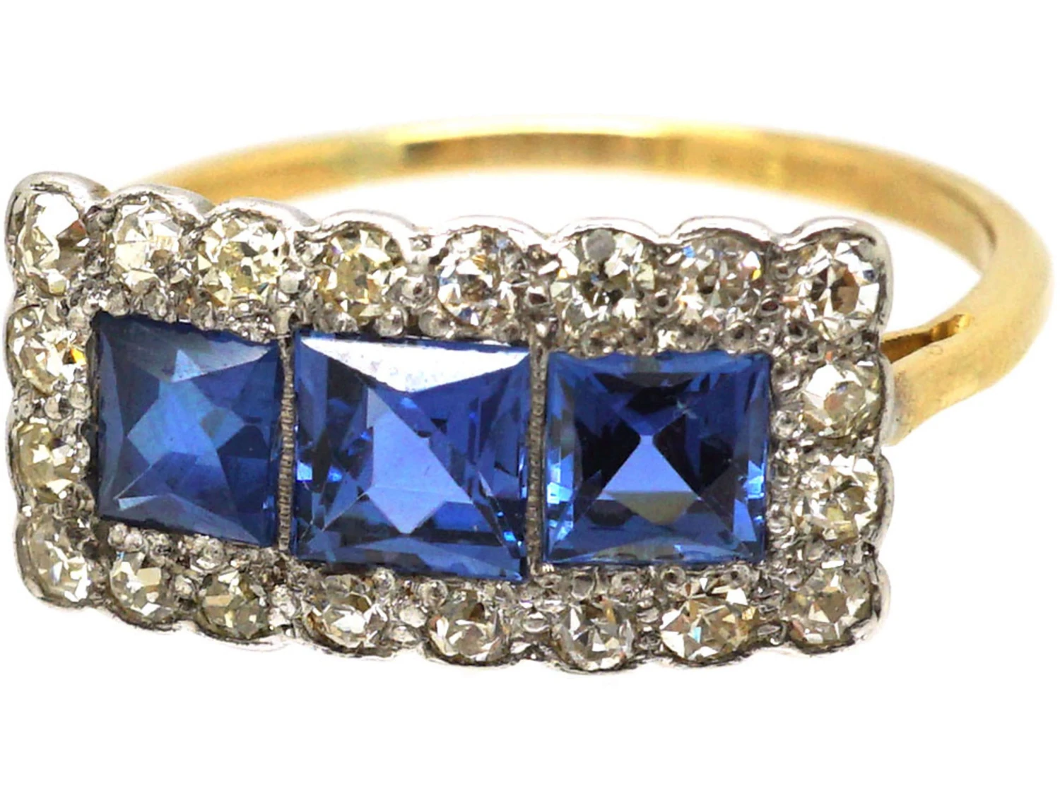Art Deco 18ct & Platinum, Three Stone French Cut Sapphire & Diamond Ring 8 Art Deco 18ct & Platinum, Three Stone French Cut Sapphire & Diamond Ring - Image 6