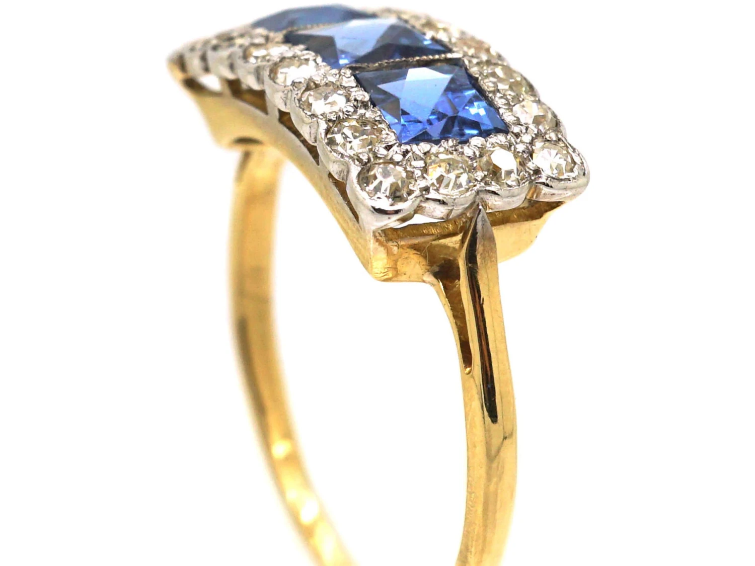 Art Deco 18ct & Platinum, Three Stone French Cut Sapphire & Diamond Ring 4 Art Deco 18ct & Platinum, Three Stone French Cut Sapphire & Diamond Ring - Image 2