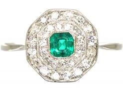 Early 20th Century Platinum, Emerald & Diamond Octagonal Cluster Ring