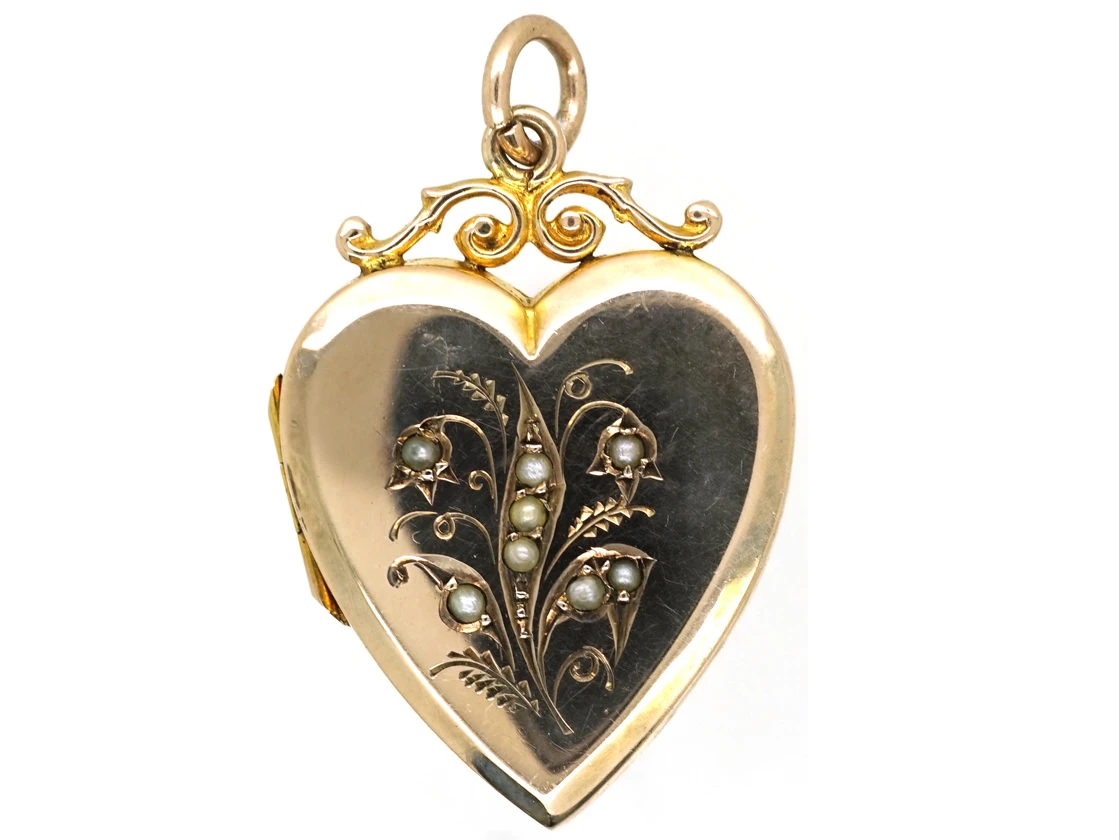 Edwardian 9ct Back & Front & Split Pearls Heart Locket With Lily Of The Valley Motif 3 Edwardian 9ct Back & Front & Split Pearls Heart Locket With Lily Of The Valley Motif