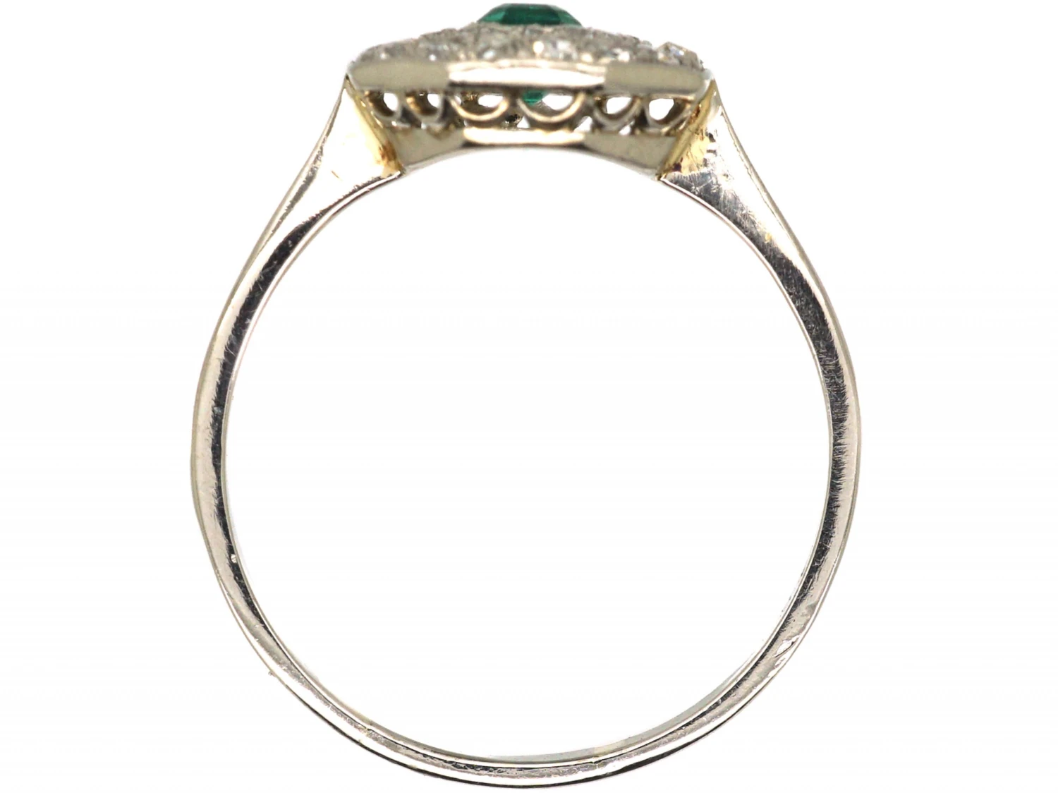 Early 20th Century Platinum, Emerald & Diamond Octagonal Cluster Ring 5 Early 20th Century Platinum, Emerald & Diamond Octagonal Cluster Ring - Image 3