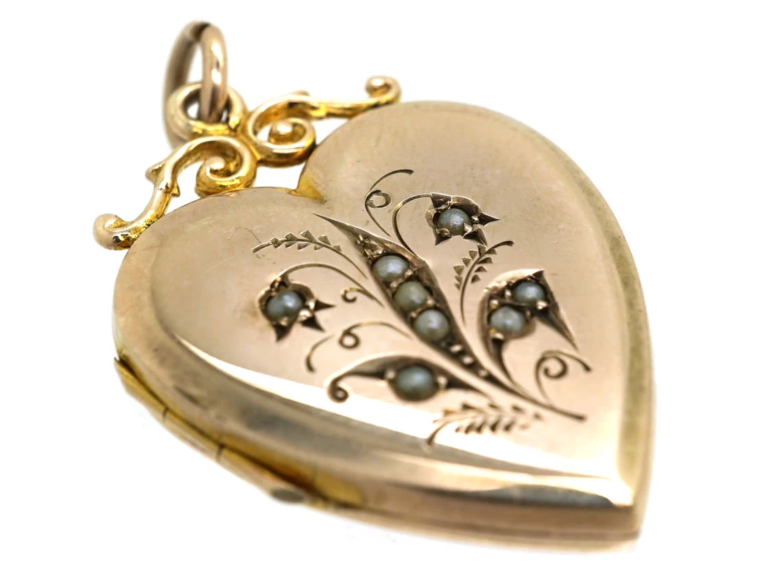 Edwardian 9ct Back & Front & Split Pearls Heart Locket With Lily Of The Valley Motif 4 Edwardian 9ct Back & Front & Split Pearls Heart Locket With Lily Of The Valley Motif - Image 2