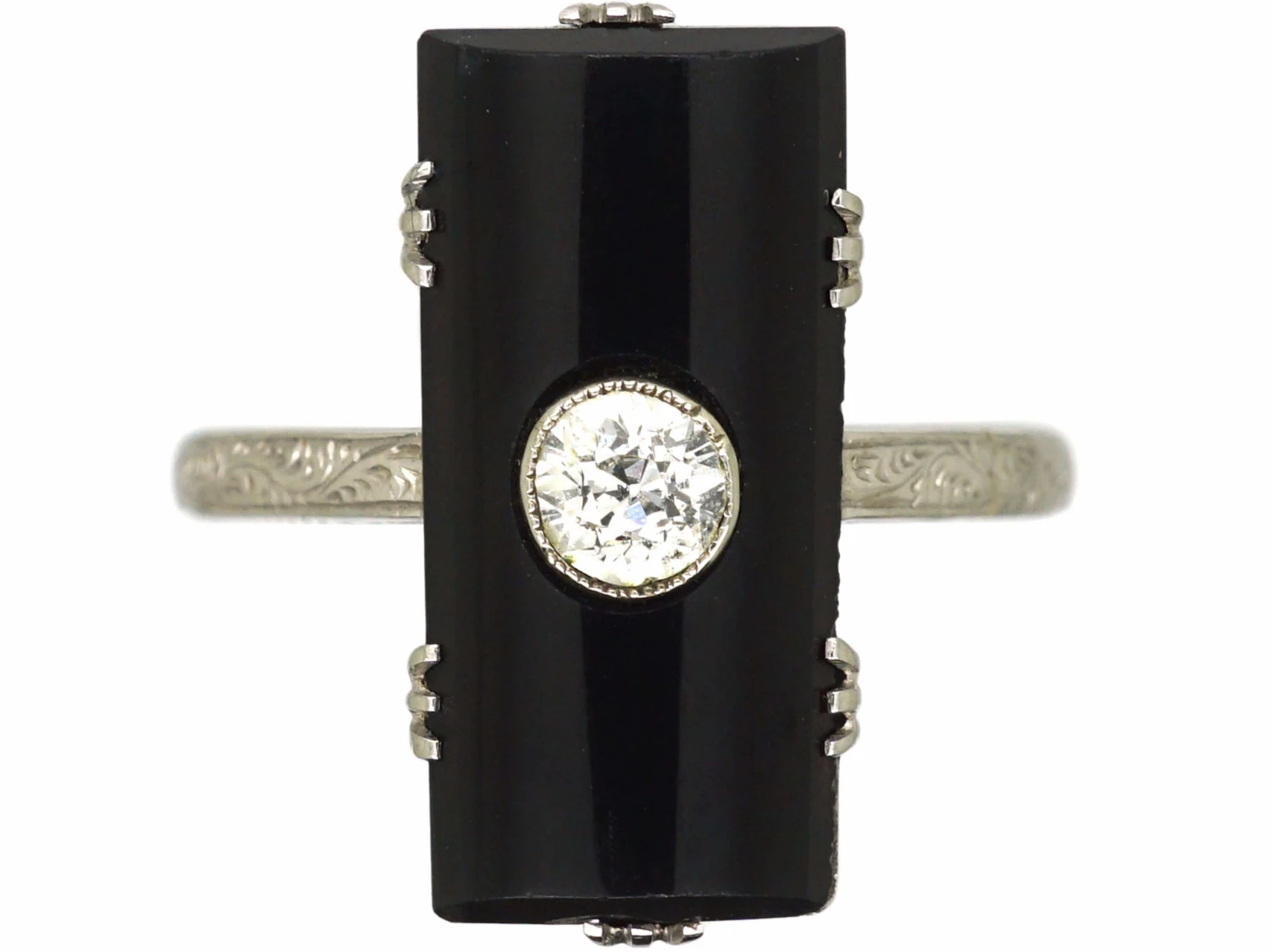 Art Deco 18ct White Gold, Onyx & Diamond Rectangular Shaped Ring 3 Art Deco 18ct White Gold, Onyx & Diamond Rectangular Shaped Ring