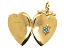 9ct Back & Front, Gold Turquoise & Natural Split Pearl Heart Shaped Locket -Antique Jewellery Company DSC06673 1