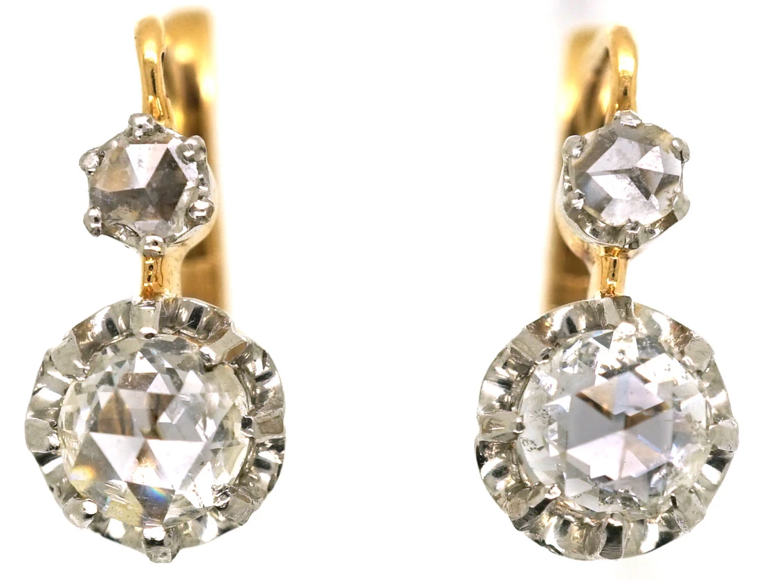 French 18ct Gold, Rose Diamond Drop Earrings 3 French 18ct Gold, Rose Diamond Drop Earrings