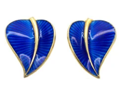 Silver Gilt Norwegian Blue Enamel Clip On Leaf Earrings