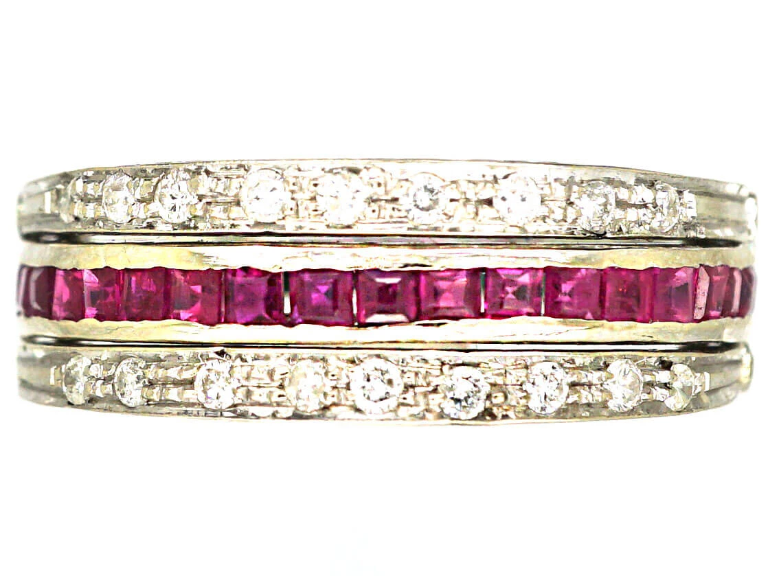 Art Deco 18ct White Gold Swivel Ring Set With Rubies, Emeralds & Diamonds 3 Art Deco 18ct White Gold Swivel Ring Set With Rubies, Emeralds & Diamonds