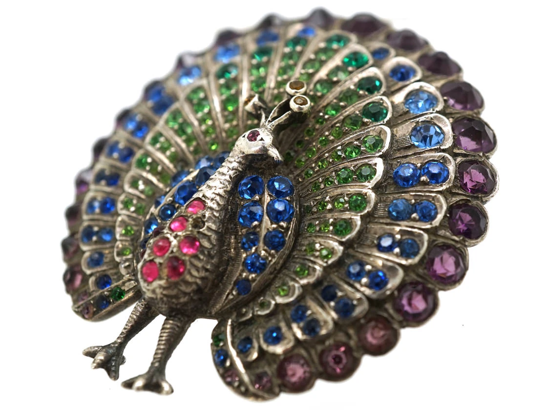 Edwardian Silver & Coloured Paste Peacock Brooch 4 Edwardian Silver & Coloured Paste Peacock Brooch - Image 2