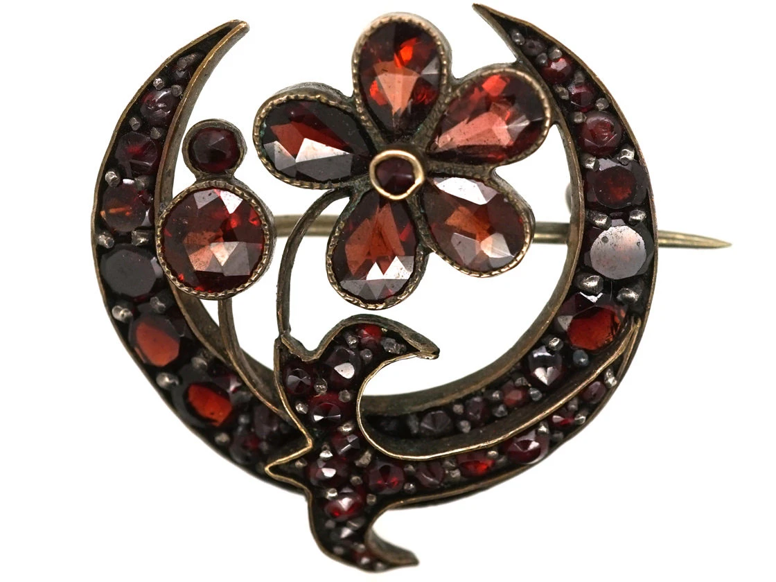 Edwardian Garnet Flower & Half Moon Brooch 3 Edwardian Garnet Flower & Half Moon Brooch