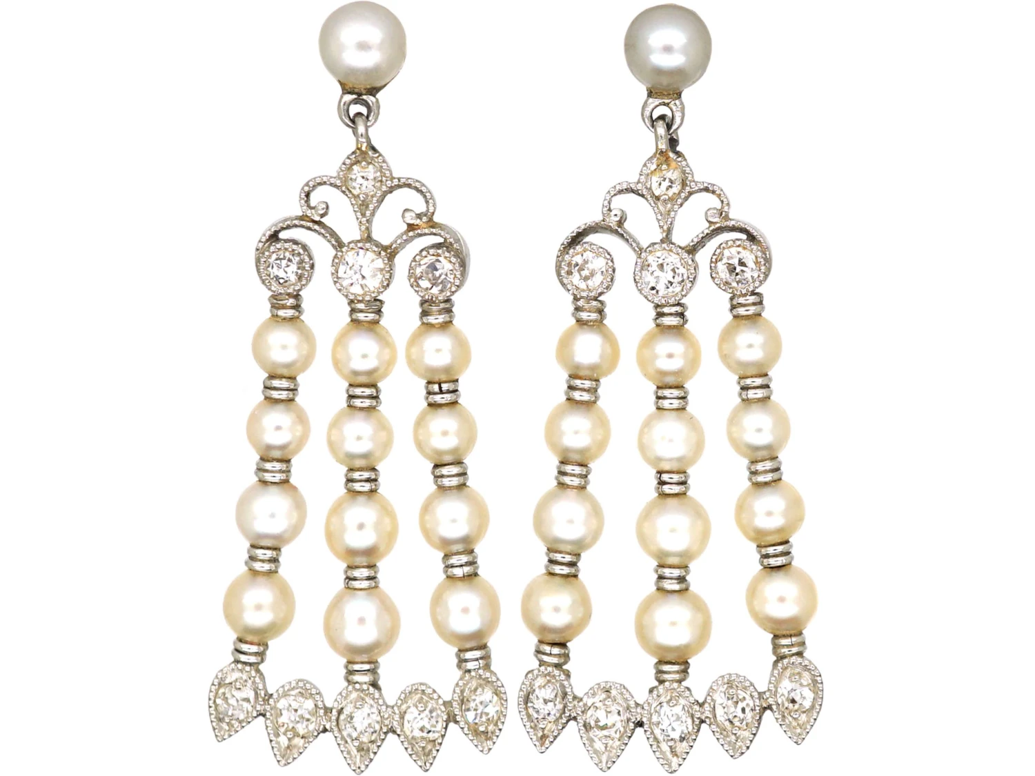 Edwardian Platinum, Natural Pearl & Diamond Drop Earrings 3 Edwardian Platinum, Natural Pearl & Diamond Drop Earrings