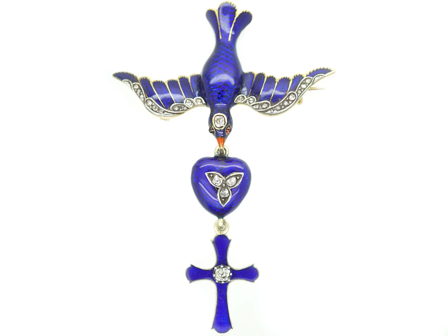 Georgian 18ct Gold Royal Blue Enamel & Diamond Dove Of Peace Brooch & Pendant 3 Georgian 18ct Gold Royal Blue Enamel & Diamond Dove Of Peace Brooch & Pendant